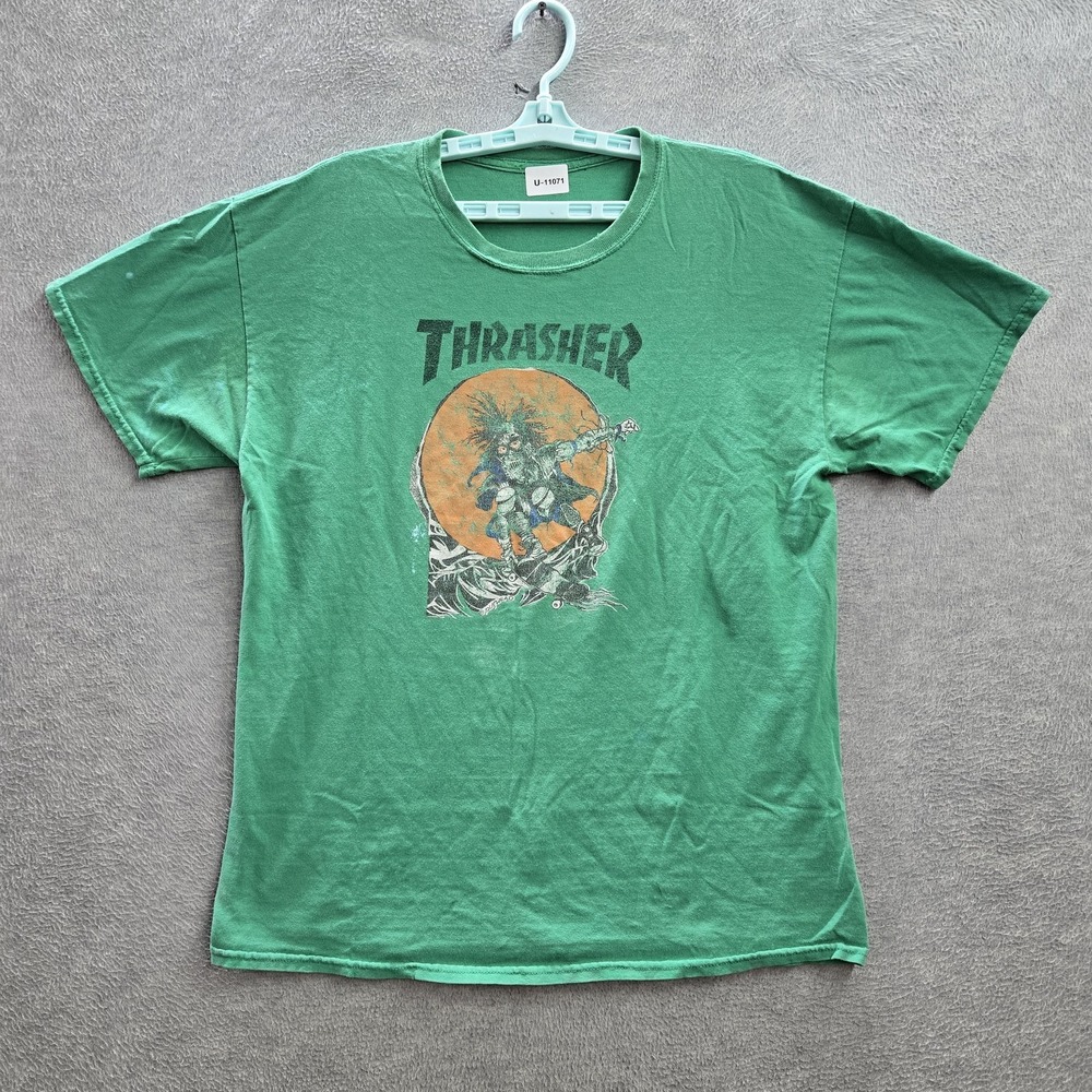 VINTAGE Thrasher Men Shirt L Green Graphic Skateboarder Grunge Pushead‎ Y2K